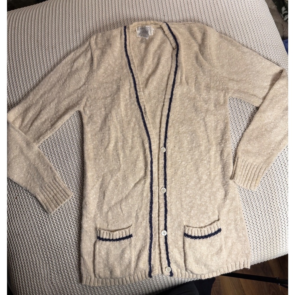 Lord & Taylor Vintage Linen Cotton Cardigan Sweater Beige Navy Trim Large